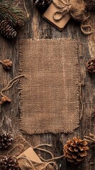 Christmas gift wrapping supplies like burlap ribbons, wooden tags, and pinecones on a rough wooden surface, taken from above with a central blank area for text