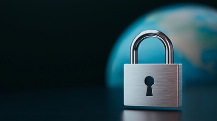Fototapeta premium silver padlock with planet Earth background and copy space for text, global security or data protection concept