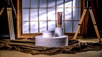 Abstract Blue Cylinder Podium for Cosmetic Product Presentation in Food Photography Style