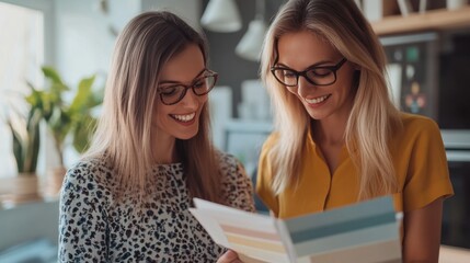 Two women are looking at a color chart