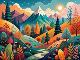 Abstract Boho Mountain Landscape Illustration - Serene Nature Art for Modern Decor