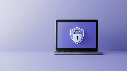  laptop with security shield on screen, purple background copy space for text, data security and protection concept