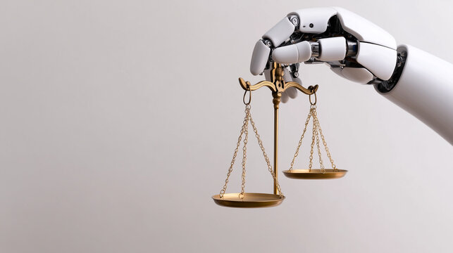 robotic hand holding scales on white background with copy space for text,  AI in justice and law concept