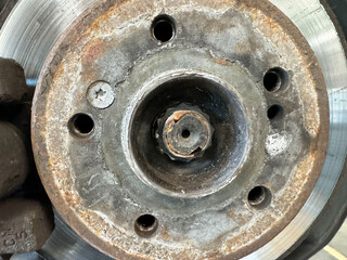 Close-up of rusty brake disc: texture and wear details in automotive mechanics