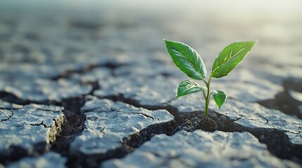 Green sprout growing on cracked earth background. Global warming concept.
