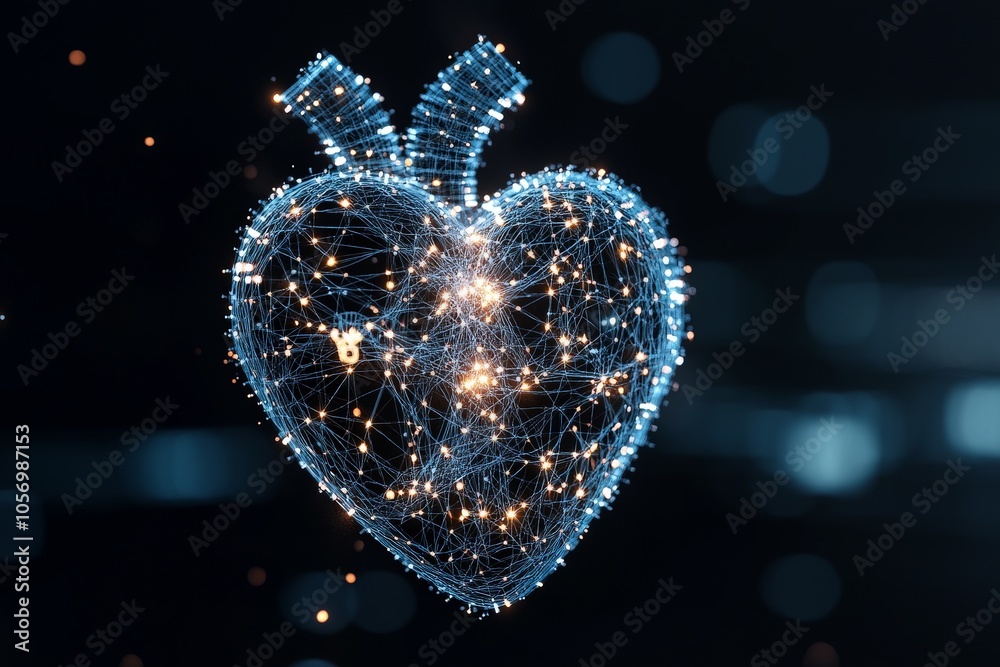 Poster this image shows a digital heart composed of intricate wireframe and network patterns, glowing with 