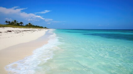 Clean, emerald-colored ocean waters and soft waves lapping at a white sandy beach