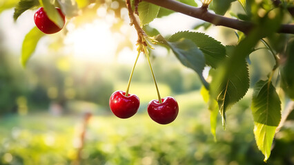 Red cherries on the tree in the farm with blue sky with background. natural light.