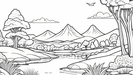 Landscape Coloring Book Page - Scenic Nature Illustration