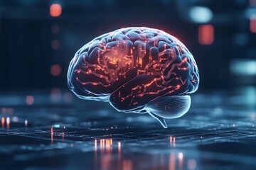 An abstract, futuristic image of a glowing human brain with intricate orange circuits, symbolizing the complexities of thought and modern scientific exploration.