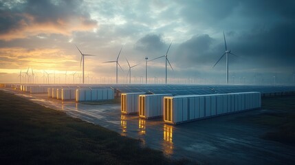 Naklejka premium Renewable energy landscape with wind turbines and solar panels.