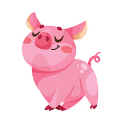 Pink Piglet Character in Walking Pose Vector Illustration