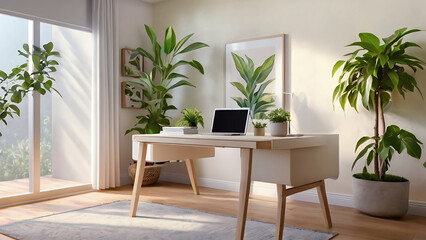 Featuring a white desk a green plant and plenty of natural light this is a minimalist home office. modern dining room with table
