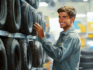 A smiling mechanic is organizing car tires on a display rack in a workshop, radiating a friendly and professional atmosphere.
