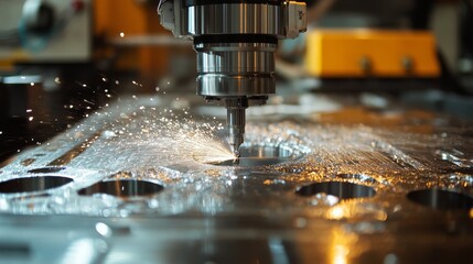Close-up of a CNC Machine Cutting Metal with Sparks Flying