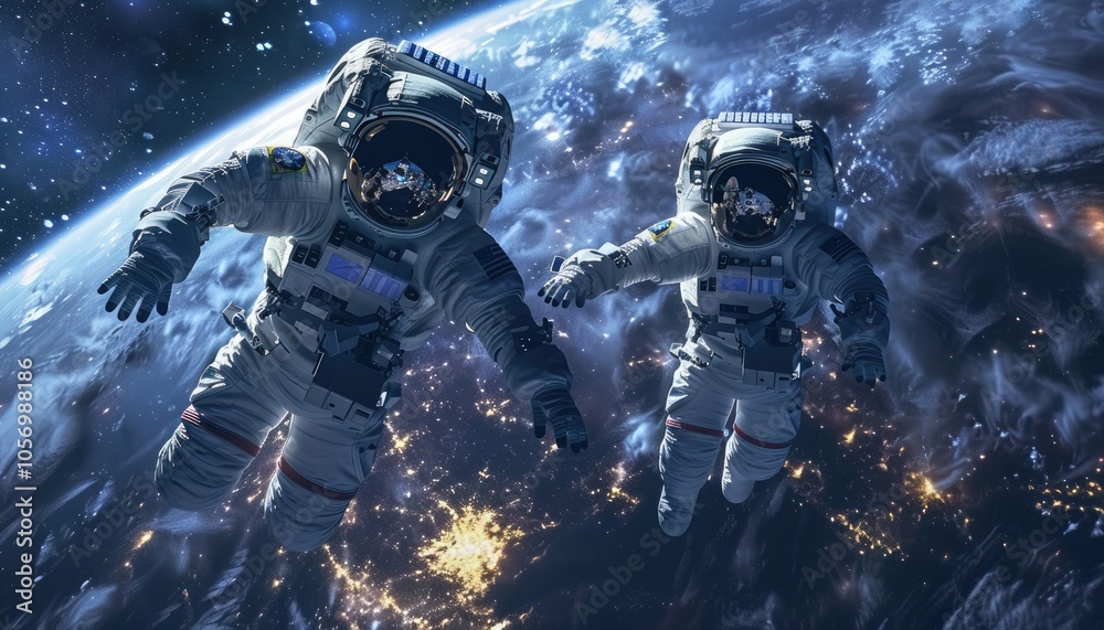 Poster two astronauts floating in space with earth and stars in the background