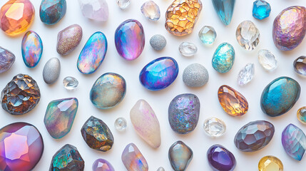 set of gemstones shimmering with aurora colors, various gemstones