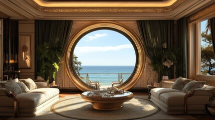Fototapeta premium Elegant living room with circular window, providing an open view of the ocean