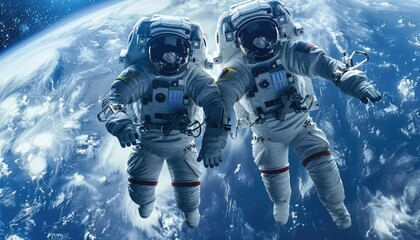 Two Astronauts Floating in Space with Earth in Background