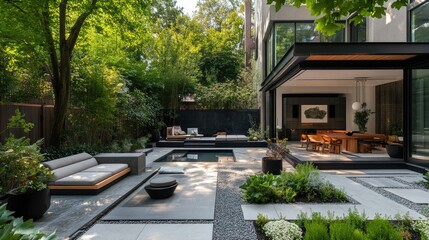 Obraz premium Modern backyard with open patio, relaxing seats, and potted plants