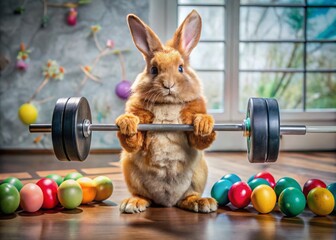 Adorable Easter Bunny Lifting Weights for Fitness Fun - Cute Spring Workout Scene