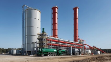 Obraz premium Fuel processing plant with towering distillation columns, heavy machinery