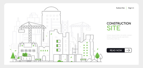 Construction site - modern thin line design style vector banner on white urban background. Composition with unfinished city buildings with cranes, trucks and street panorama. Builders at work