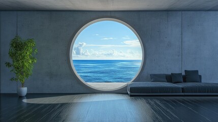Fototapeta premium Modern living room featuring a large round window with a breathtaking ocean view
