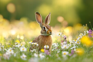 Obraz premium A Curious Rabbit in a Field of Daisies