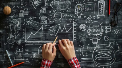 Blackboard Trend Analysis, Hands Drawing Growth Chart, Strategy Planning, Business Ideas, Innovation, Success, Data Visualization, Future Forecast, Creative Thinking, Brainstorming Session