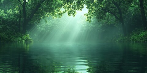 Fototapeta premium Tranquil Forest River With Misty Sunbeams and Lush Green Foliage