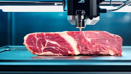 3D printer producing synthetic meat, showcasing innovation in food technology and sustainable alternatives