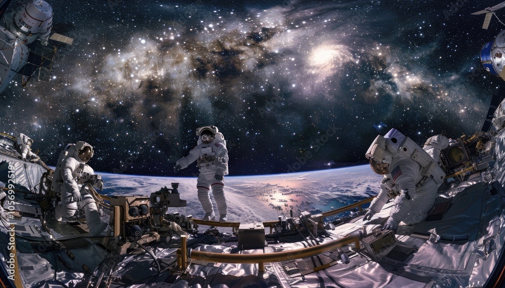 Sticker astronauts working outside a spacecraft with earth and milky way in the background