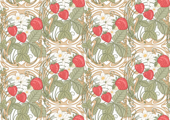 Strawberry. Branch with berries, leaves and flowers. Seamless pattern, background. Vector illustration. In art nouveau style, vintage, old, retro style.