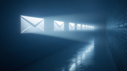 A Row of Glowing Email Icons in a Dark Hallway