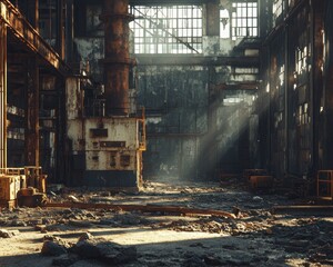 Eerie Shadows Dance in Abandoned Industrial Ruins A Glimpse into the Haunting Emptiness of a Bygone Era The Sun's Rays Pierce Through Dust-Caked Windows, Illuminating the Decaying Machinery and