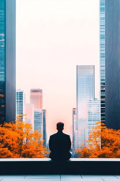 A Thoughtful Moment Amidst the Vibrant City Skyline