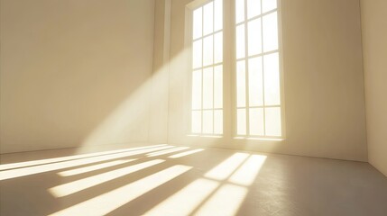 Bright room interior with large, open window and sunlight illuminating the simple space with white walls and a neutral floor.