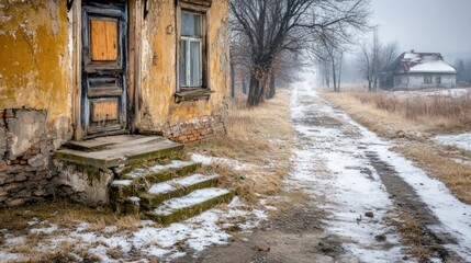 Eerie Silence Abandoned Streets, A Haunting Glimpse of Urban Decay and Loneliness, Captured in a Foggy Winter Landscape