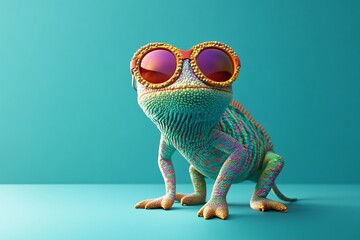 A cool chameleon wearing stylish sunglasses against a vibrant turquoise background during daylight hours