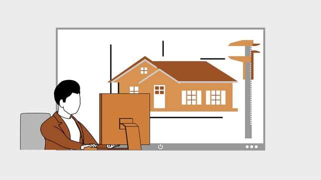 The architect uses software to model a blueprint of the future home, an engineering process. Creative software. Architectural design. 3d animation. Faceless.