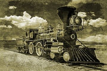 Simulated old photograph of the railway engine that was at the  meeting at the Golden Spike after completion of the American transcontinental railroad  © Tony 