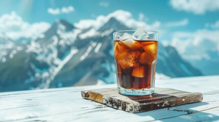 Iced coffee in glass on white wooden board with mountain and sky backdrop. Room for products.