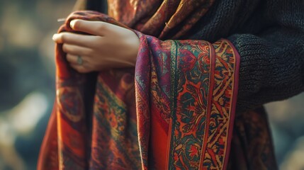 Close up of a woman wearing a colorful shawl in the park