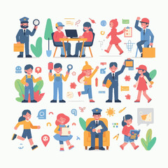 Cartoon vector illustrations of people in various learning activities, such as reading, writing, working with a laptop, and discussing. Each character is surrounded by icons related to the activity,