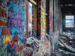 Graffiti Art on Abandoned Industrial Building, Urban Decay, Ruins, Industrial Graffiti, Street Art, Abandoned Factory, Urban Exploration, Decaying Structure, Graffiti Wall, Brick Wall, Broken