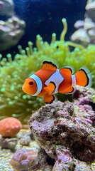A playful clownfish explores vibrant anemones in a lush coral reef environment, showcasing brilliant colors and intricate details