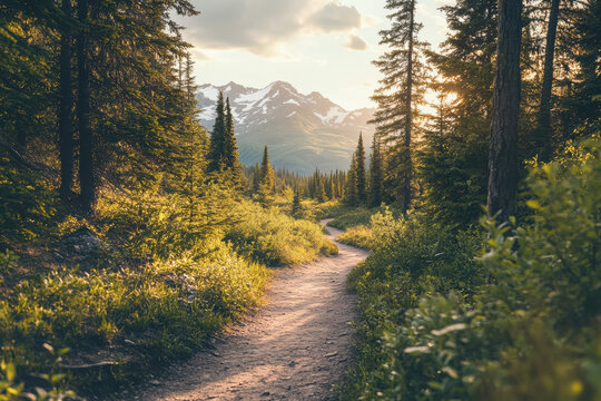Serene forest pathway with majestic mountain views at sunset