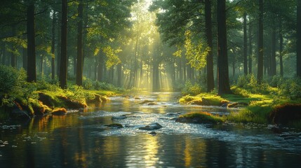 Serene forest scene with sunlight filtering through trees over a stream.