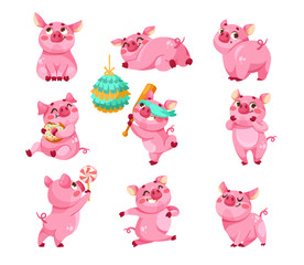Obraz premium Pink Piglet Character with Hoof Enjoy Different Activity Vector Illustration Set